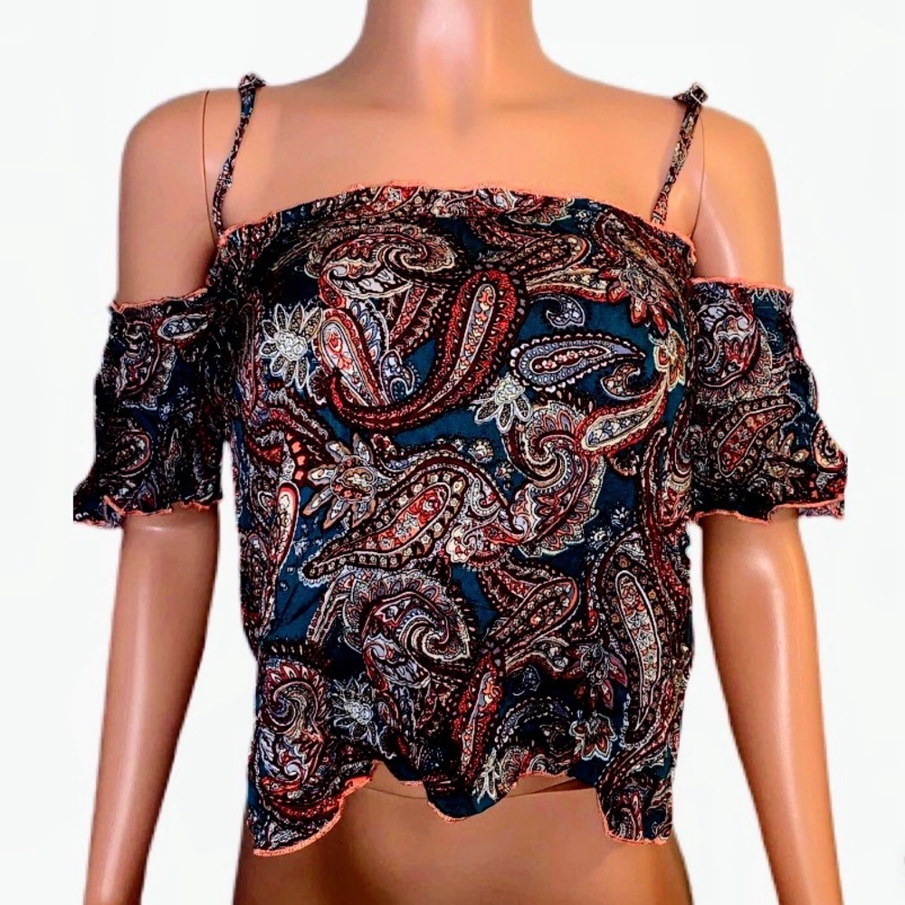 Love Tease Paisley Cold Shoulder Crop Top - Red and blue medium 100% rayon